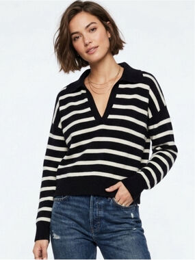 Nicole Miller NY Women’s Striped Collared Polo Sweater Black White XL - 937